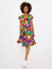 Joe Browns Yellow Colour Pop Floral Print Cap Sleeve Knee Length Dress - Image 1 of 5