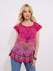 Joe Browns Pink Printed Crochet Lace Trim Tassel Top - Image 1 of 5