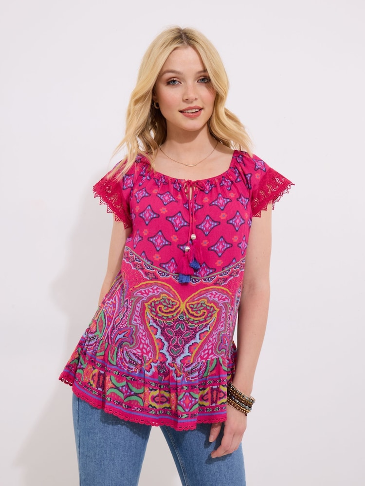 Joe Browns Pink Printed Crochet Lace Trim Tassel Top - Image 1 of 5