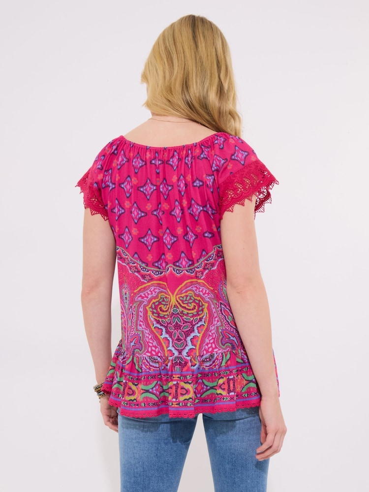 Joe Browns Pink Printed Crochet Lace Trim Tassel Top - Image 2 of 5