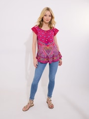 Joe Browns Pink Printed Crochet Lace Trim Tassel Top - Image 3 of 5