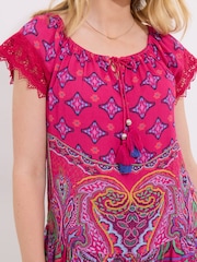 Joe Browns Pink Printed Crochet Lace Trim Tassel Top - Image 4 of 5