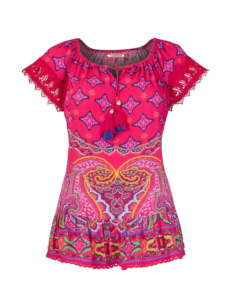 Joe Browns Pink Printed Crochet Lace Trim Tassel Top - Image 5 of 5