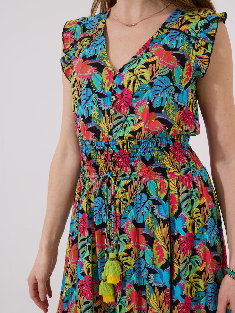 Joe Browns Black Tropical Print V-Neck Tassel Sleeveless Maxi Dress - Image 2 of 5