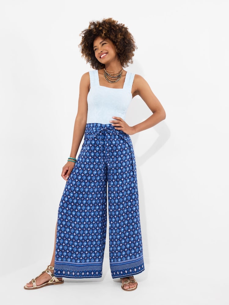 Joe Browns Blue Lightweight Geo Border Print Tie Waist Trousers - Image 1 of 5