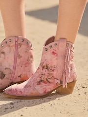 Joe Browns Pink Rose Embroidered Suede Western Boots - Image 2 of 6