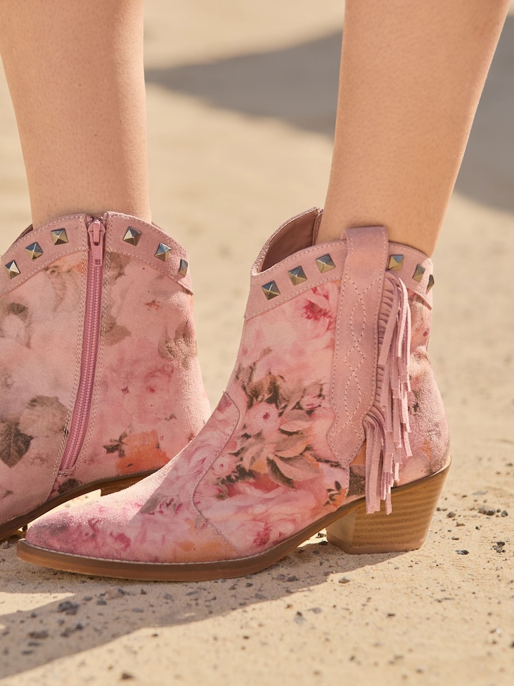 Joe Browns Pink Rose Embroidered Suede Western Boots - Image 2 of 6