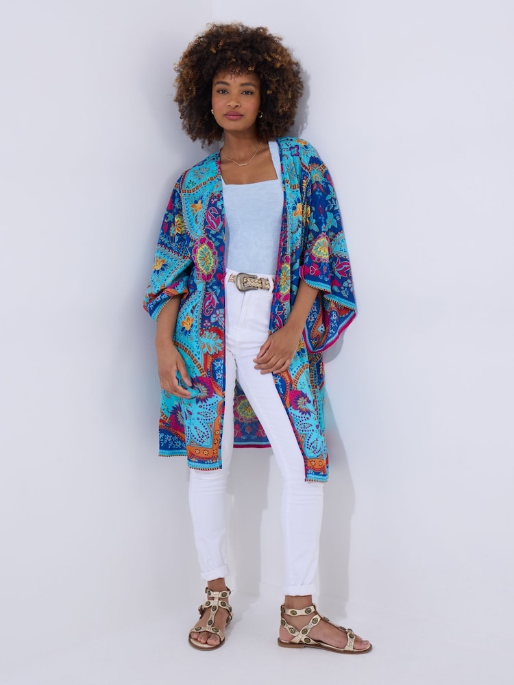 Joe Browns Blue Relaxed Fit Boho Scarf Print Kimono - Image 1 of 5