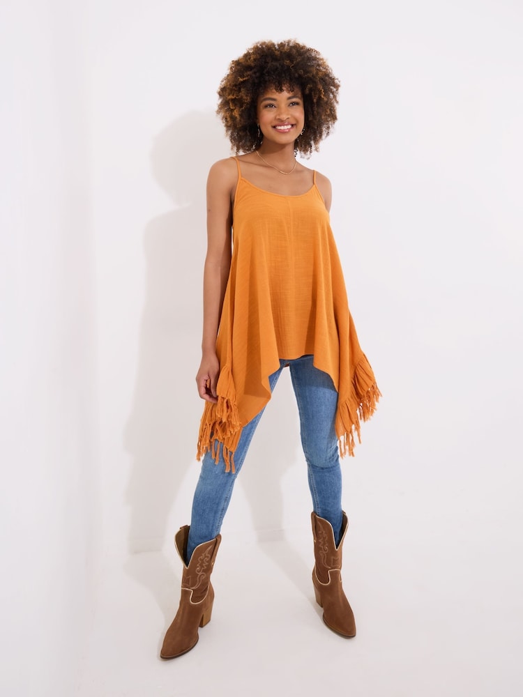 Joe Browns Yellow 100% Cotton Tassel Trim Handkerchief Hem Strappy  Top - Image 2 of 7