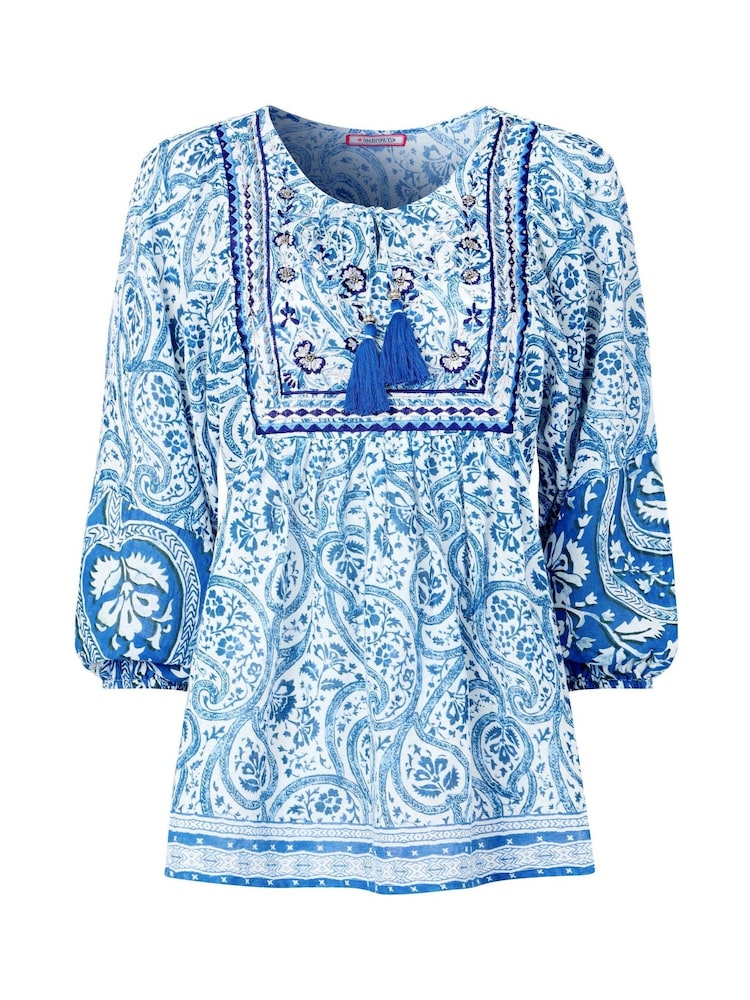 Joe Browns Blue 100% Cotton Embroidered Bib Balloon Sleeve Boho Top - Image 1 of 3