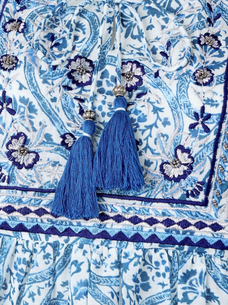 Joe Browns Blue 100% Cotton Embroidered Bib Balloon Sleeve Boho Top - Image 2 of 3