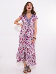 Joe Browns Purple Border Print Floral V-Neck Tassel Dress - Image 1 of 5
