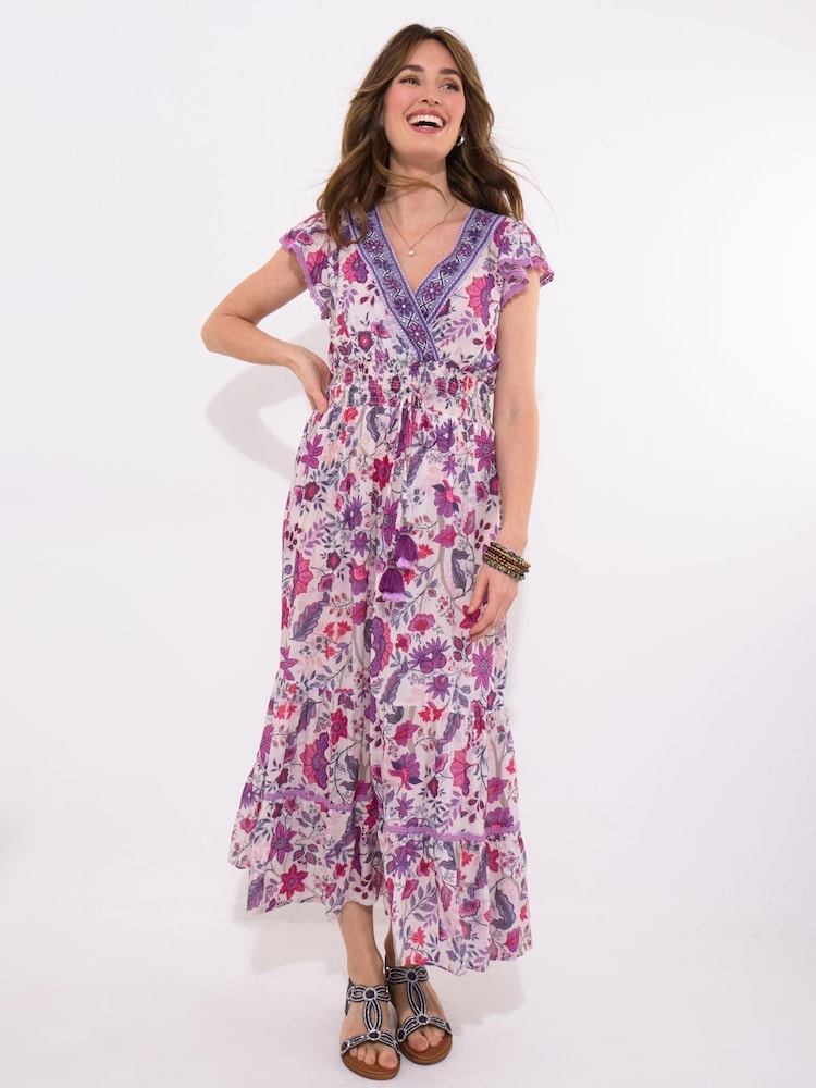 Joe Browns Purple Border Print Floral V-Neck Tassel Dress - Image 1 of 5