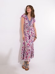 Joe Browns Purple Border Print Floral V-Neck Tassel Dress - Image 3 of 5