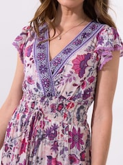 Joe Browns Purple Border Print Floral V-Neck Tassel Dress - Image 4 of 5