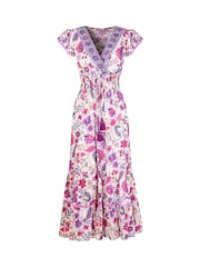 Joe Browns Purple Border Print Floral V-Neck Tassel Dress - Image 5 of 5