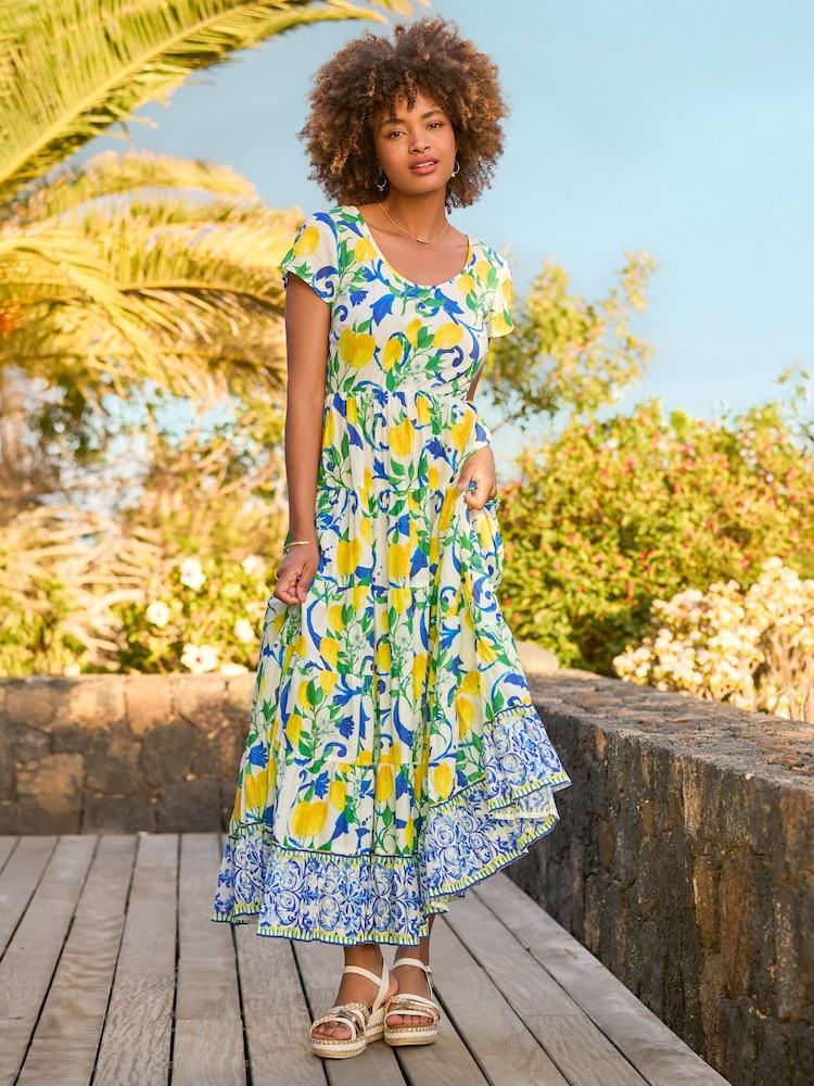Joe Browns White Lemon Print Scoop Neck Crinkle 100% Cotton Dress - Image 1 of 7
