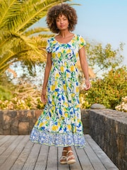 Joe Browns White Lemon Print Scoop Neck Crinkle 100% Cotton Dress - Image 5 of 7