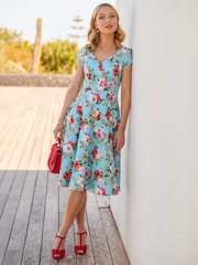 Joe Browns Blue Vintage Rose Print Short Sleeve Dress - Image 1 of 7