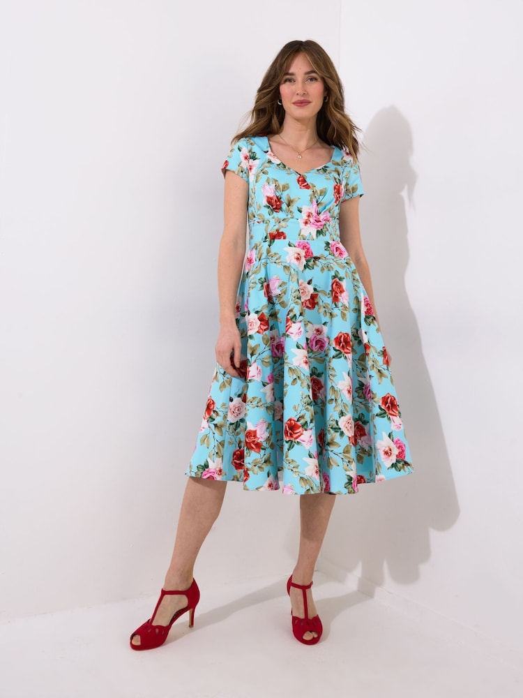 Joe Browns Blue Vintage Rose Print Short Sleeve Dress - Image 2 of 7