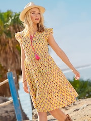 Joe Browns Yellow Tassel Detail Floral Frilly Sleeve 100% Cotton Mini Dress - Image 1 of 7
