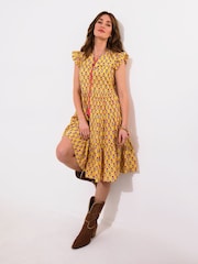 Joe Browns Yellow Tassel Detail Floral Frilly Sleeve 100% Cotton Mini Dress - Image 2 of 7