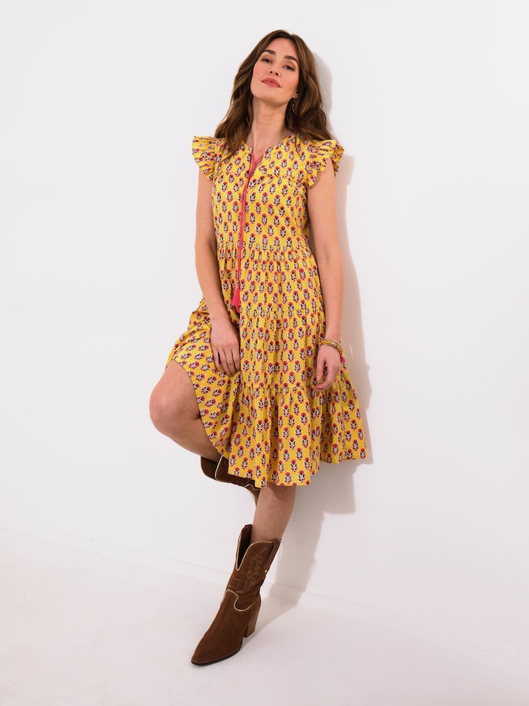 Joe Browns Yellow Tassel Detail Floral Frilly Sleeve 100% Cotton Mini Dress - Image 2 of 7