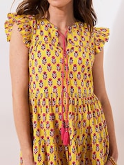 Joe Browns Yellow Tassel Detail Floral Frilly Sleeve 100% Cotton Mini Dress - Image 3 of 7