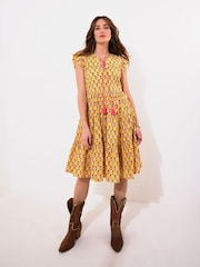 Joe Browns Yellow Tassel Detail Floral Frilly Sleeve 100% Cotton Mini Dress - Image 6 of 7