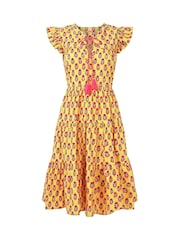 Joe Browns Yellow Tassel Detail Floral Frilly Sleeve 100% Cotton Mini Dress - Image 7 of 7