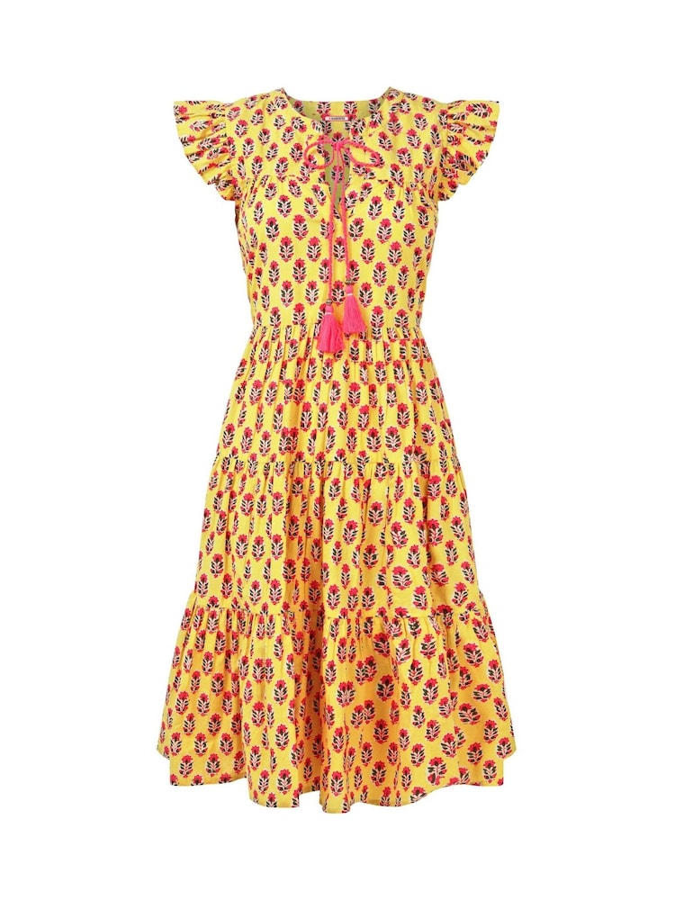 Joe Browns Yellow Tassel Detail Floral Frilly Sleeve 100% Cotton Mini Dress - Image 7 of 7