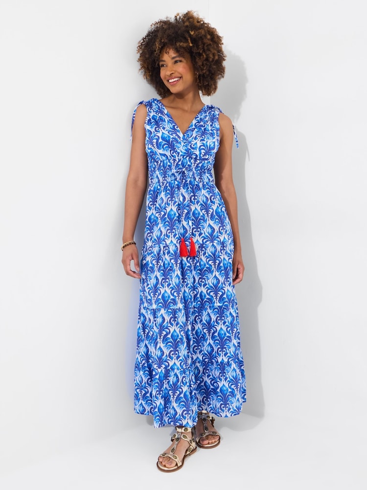 Joe Browns Blue Breezy 100% Cotton Printed Tie Shoulder Maxi Dress - Image 2 of 6