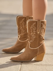 Joe Browns Brown Pipe Detail Suede Western Boots - Image 1 of 8
