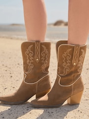 Joe Browns Brown Pipe Detail Suede Western Boots - Image 2 of 8