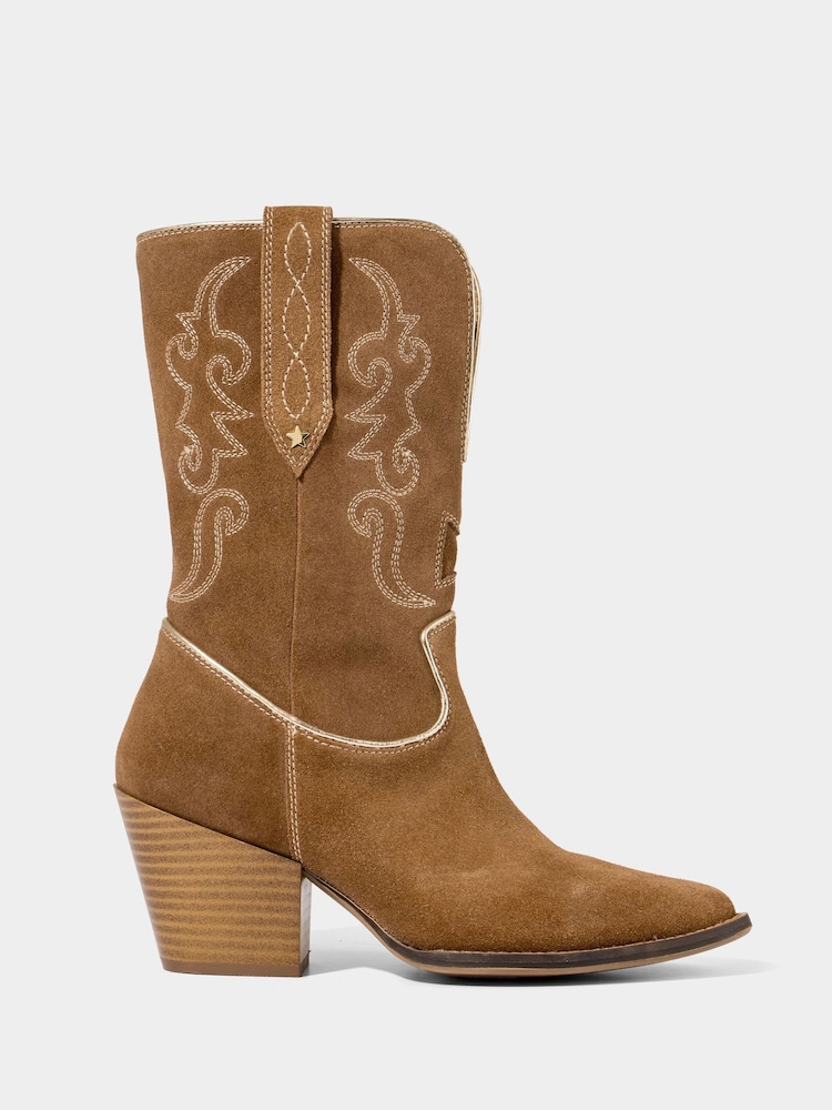 Joe Browns Brown Pipe Detail Suede Western Boots - Image 4 of 8