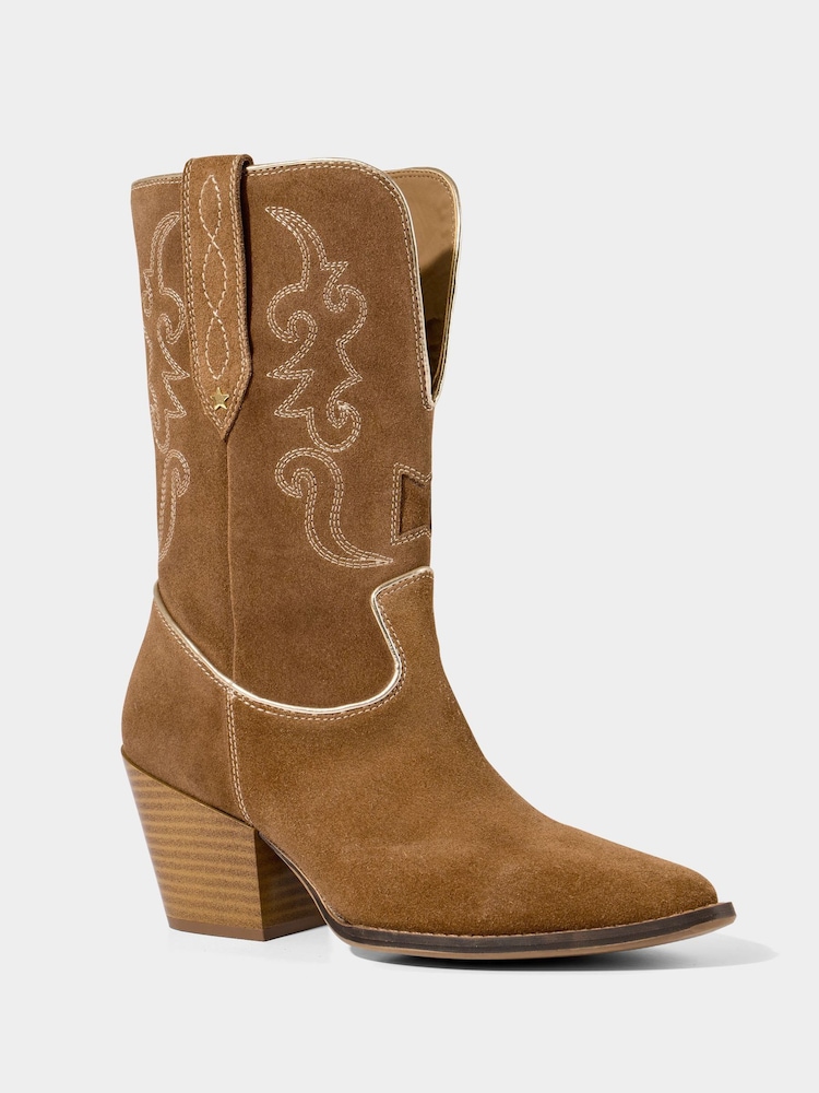 Joe Browns Brown Pipe Detail Suede Western Boots - Image 5 of 8