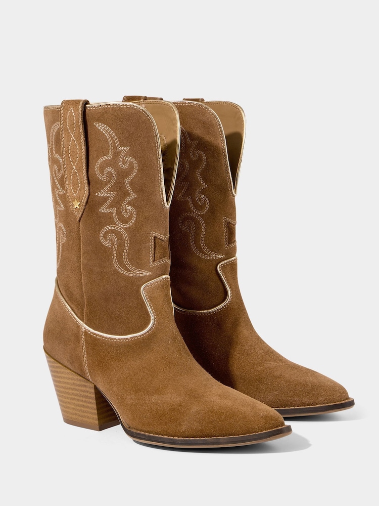 Joe Browns Brown Pipe Detail Suede Western Boots - Image 6 of 8
