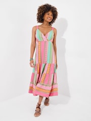 Joe Browns Pink Jacquard Striped Tiered Wrap Front Maxi Dress - Image 1 of 5