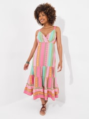 Joe Browns Pink Jacquard Striped Tiered Wrap Front Maxi Dress - Image 3 of 5