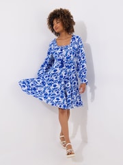 Joe Browns Blue Tasselled Grecian Floral Long Sleeve Mini Dress - Image 1 of 5