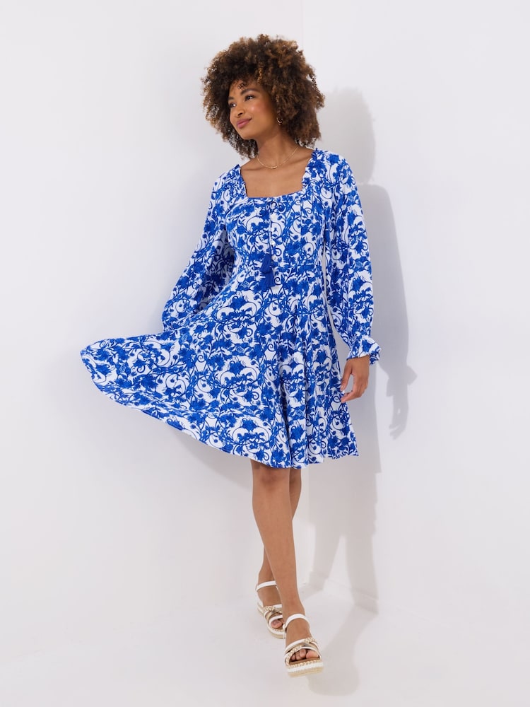 Joe Browns Blue Tasselled Grecian Floral Long Sleeve Mini Dress - Image 1 of 5