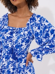 Joe Browns Blue Tasselled Grecian Floral Long Sleeve Mini Dress - Image 2 of 5