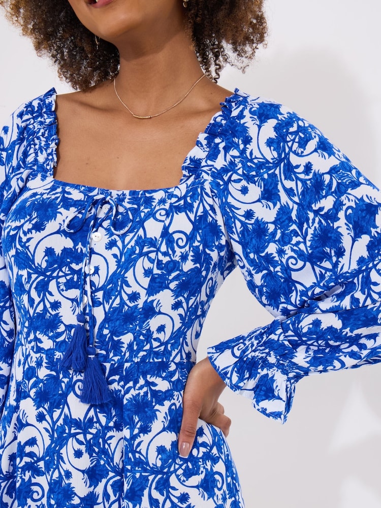 Joe Browns Blue Tasselled Grecian Floral Long Sleeve Mini Dress - Image 2 of 5