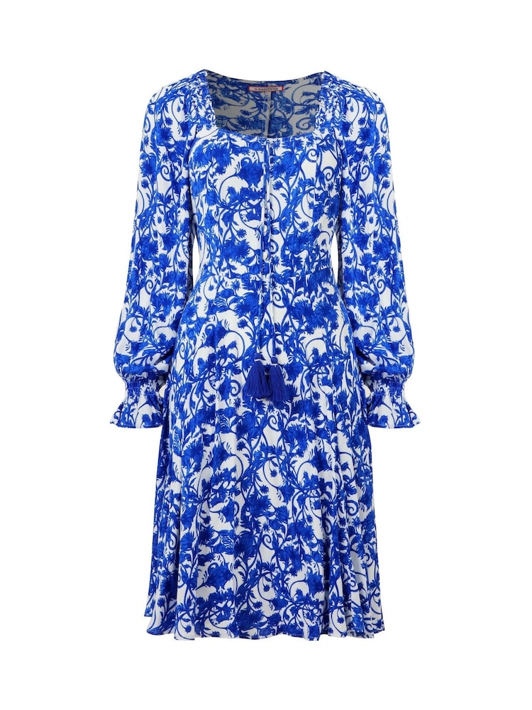 Joe Browns Blue Tasselled Grecian Floral Long Sleeve Mini Dress - Image 5 of 5