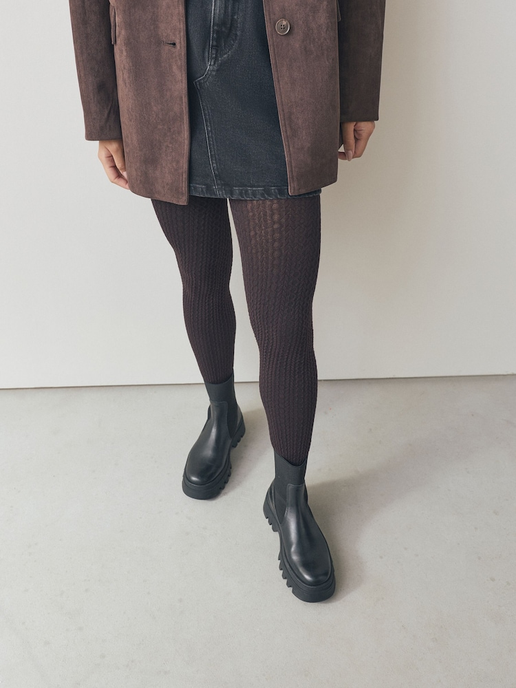 Chocolate Brown Warm Handle Knitted Cable Tights 1 Pack - Image 2 of 3