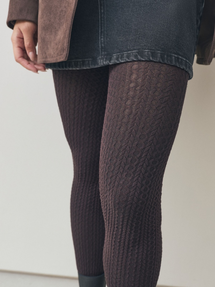Chocolate Brown Warm Handle Knitted Cable Tights 1 Pack - Image 3 of 3