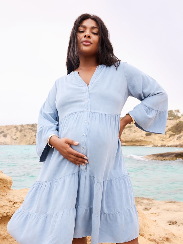 Yours Curve Blue Tiered Midi Dress - Image 1 of 3