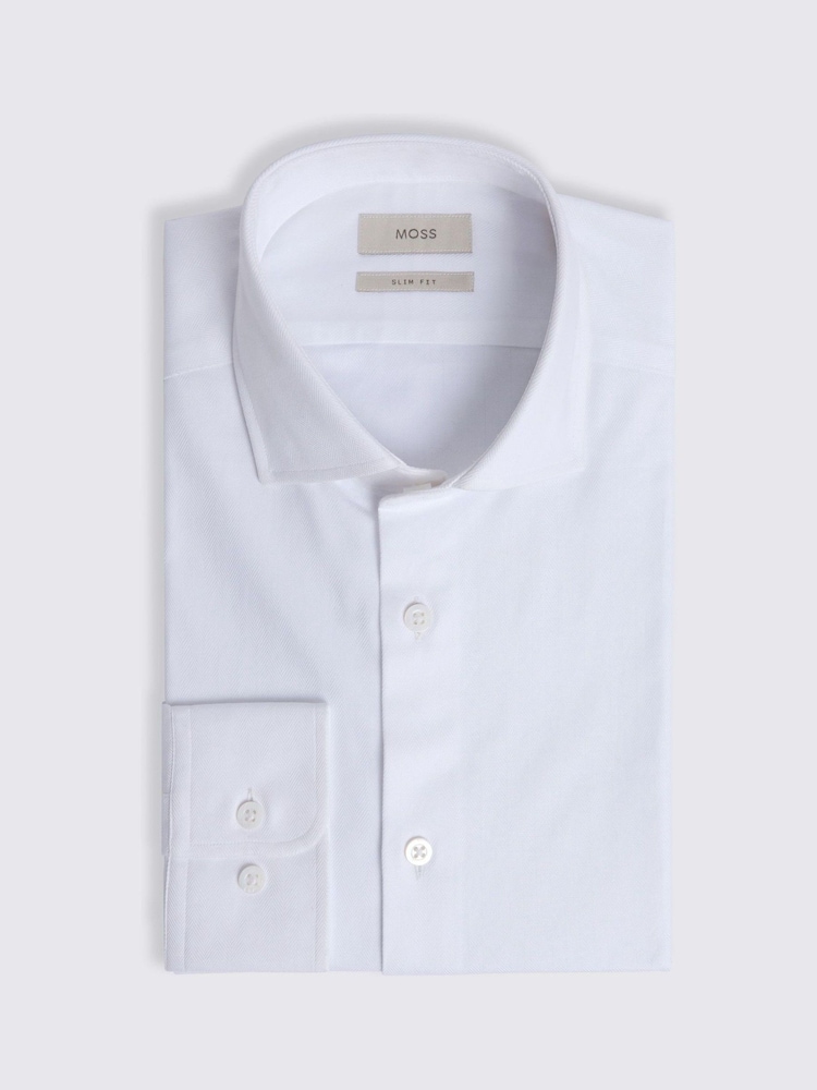 MOSS White Slim Fit White Herringbone 100% Cotton Shirt - Image 4 of 4