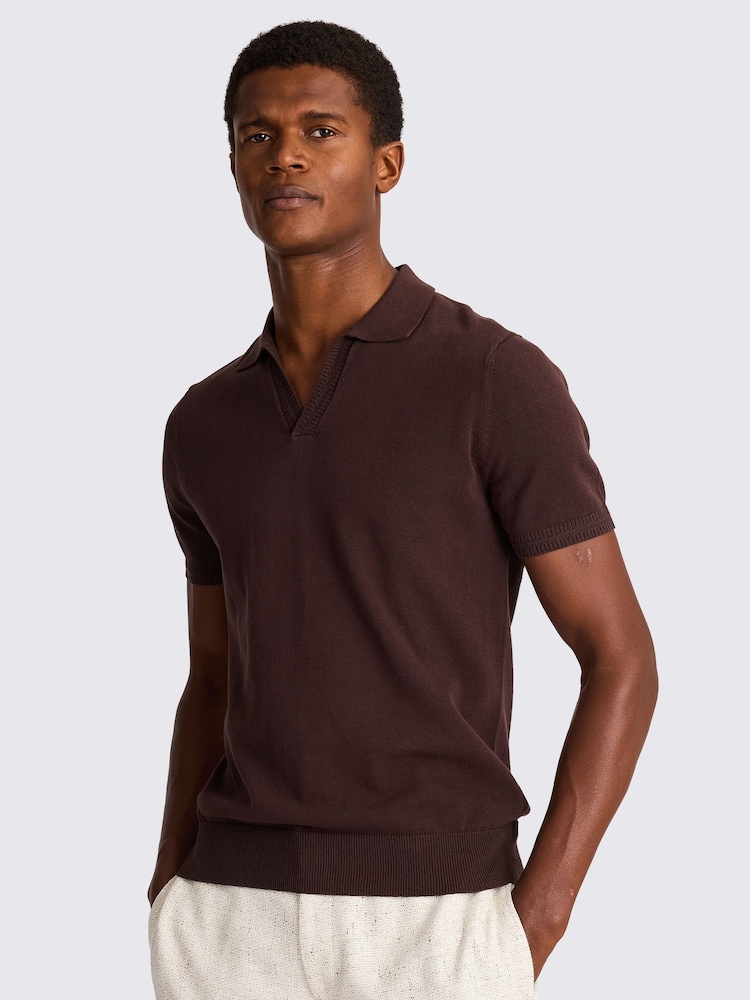 MOSS Brown Contrast Placket Skipper 100% Cotton Polo Shirt - Image 1 of 4 MOSS Brown Contrast Placket Skipper 100% Cotton Polo Shirt - Image 1 of 4