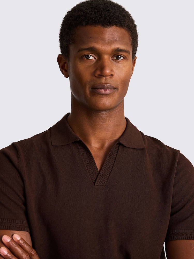 MOSS Brown Contrast Placket Skipper 100% Cotton Polo Shirt - Image 3 of 4